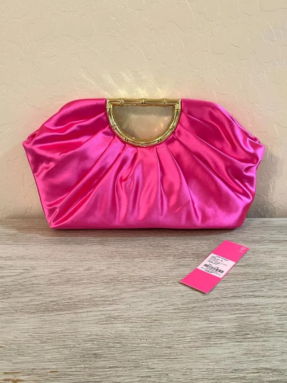 New Lilly Pulitzer Culver Clutch Bag Cerise Pink Satin Gold Metal Bamboo Handle